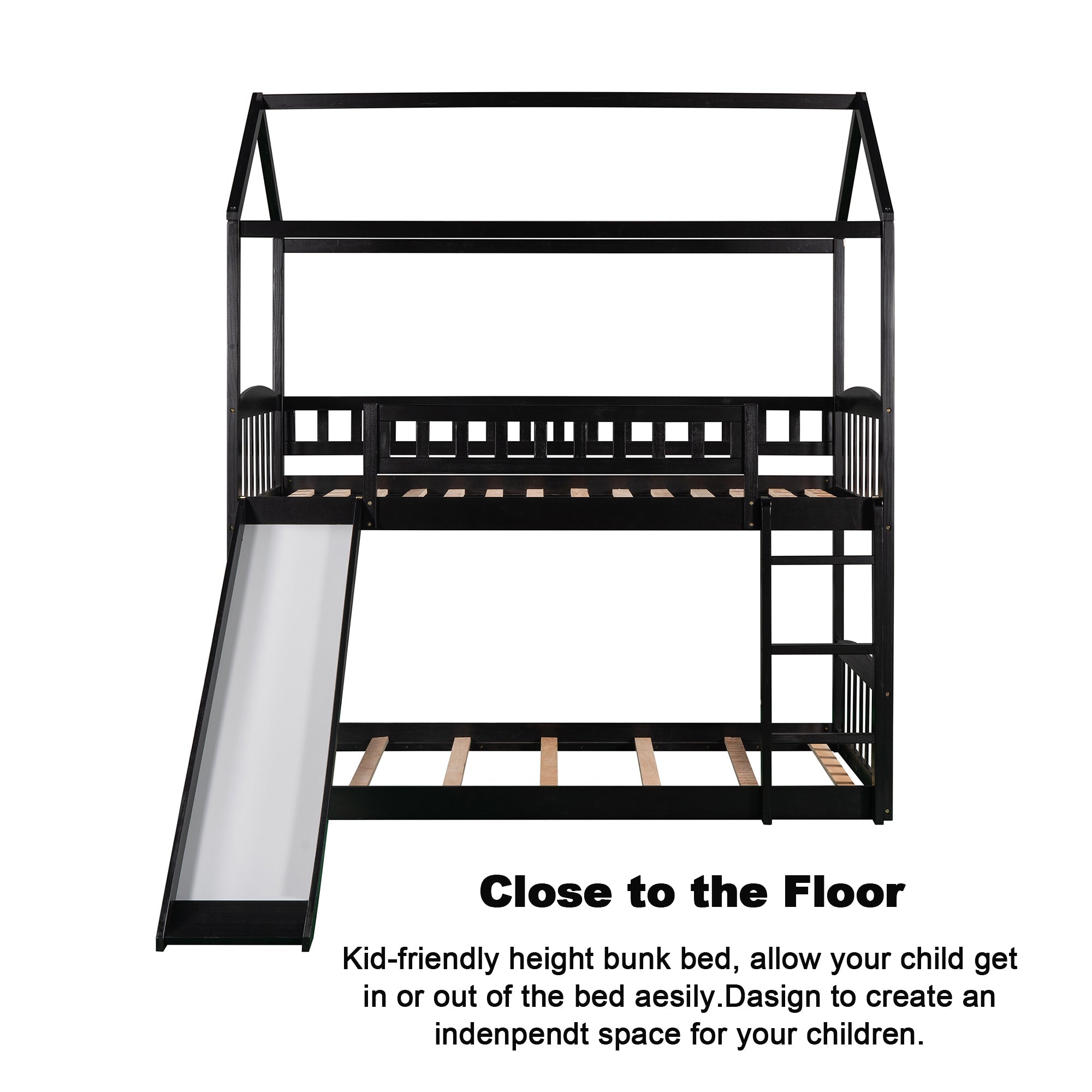 Bellemave Bunk Bed with Slide, Wood Twin Over Twin House Bed Frame with Ladder for Kids Teens(Espresso)