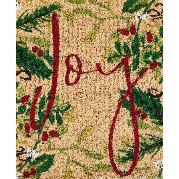 Red Joy Sprig Sentiment Holly Rectangle Indoor Outdoor Coir Door Welcome Mat Multicolored On Beige Background