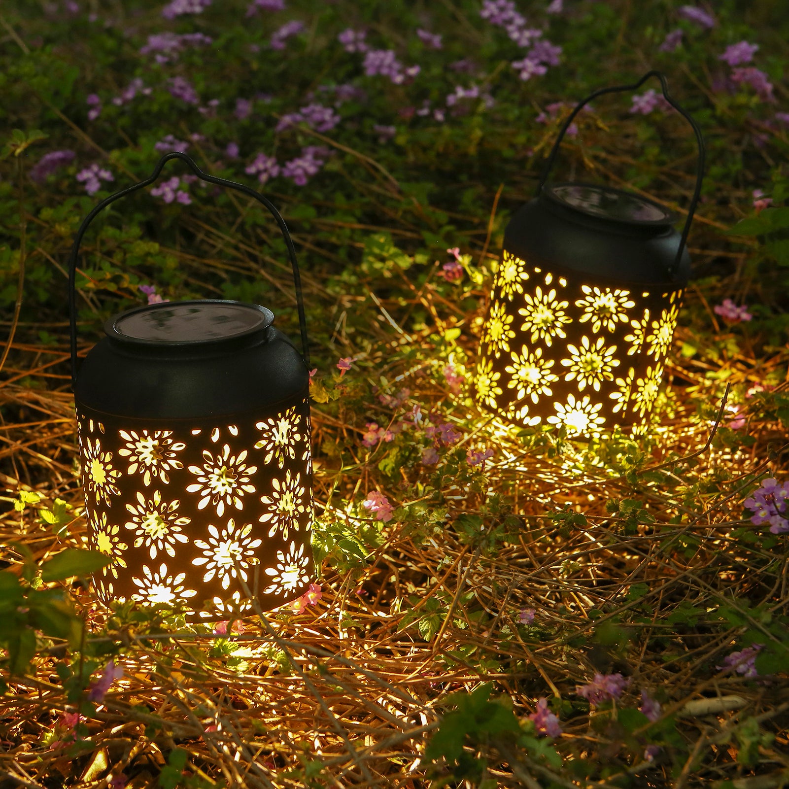 Tomshine 2Pack Solar Lantern Outdoor Hanging Light Retro Metal Decorative Light Hollowed Out Flower Pattern Garden Landscape Light