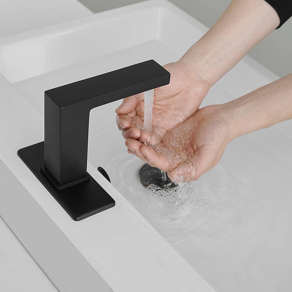 BWE DC Powered Commercial Touchless Single Hole Bathroom Faucet With Deck Plate And Pop Up Drain In Matte Black A-918108-B-2