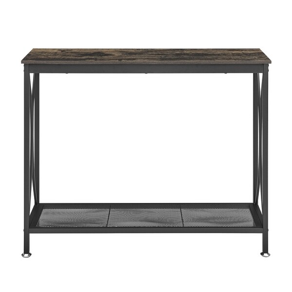 VECELO， Rustic Brown Narrow Console Table Entryway Table，Sofa Table with Metal Mesh Storage Shelf