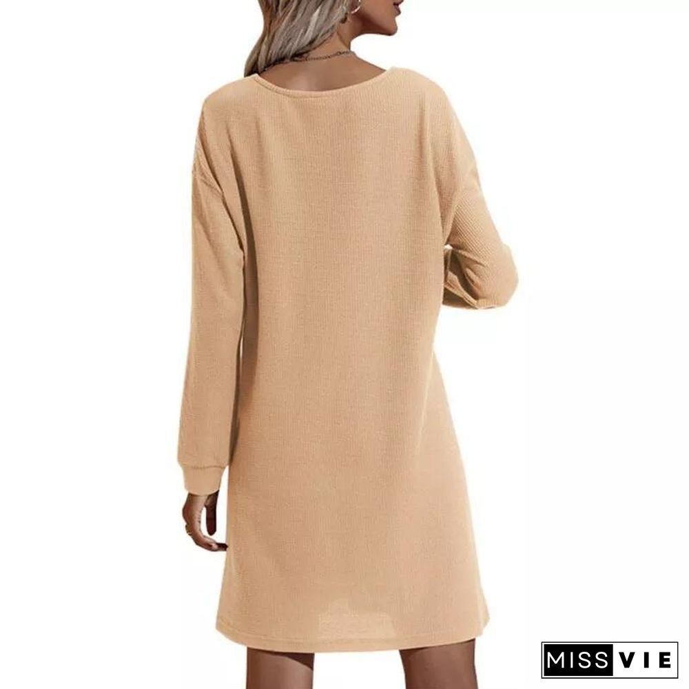 Women's Casual Dresses V-Neck Buttoned Hip Knitted Dresses