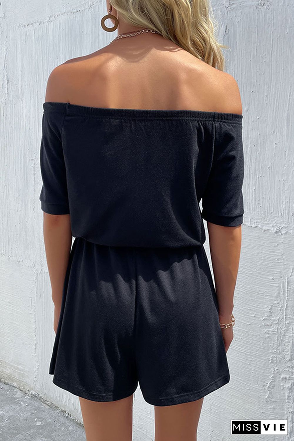 Black Off Shoulder Drawstring Romper