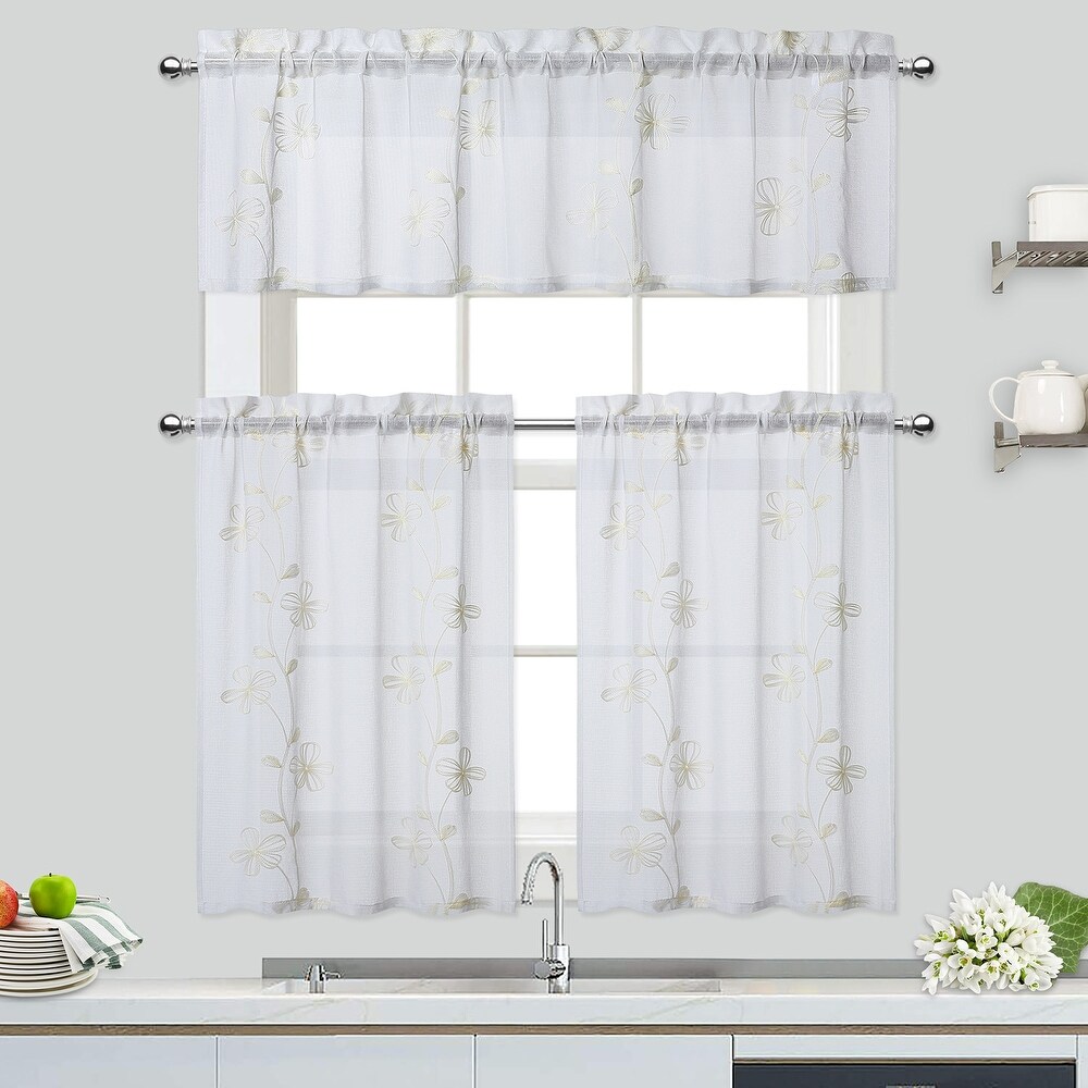Sheer Kitchen Tier Curtains  Floral Embroidered Semi Sheer Short Curtain