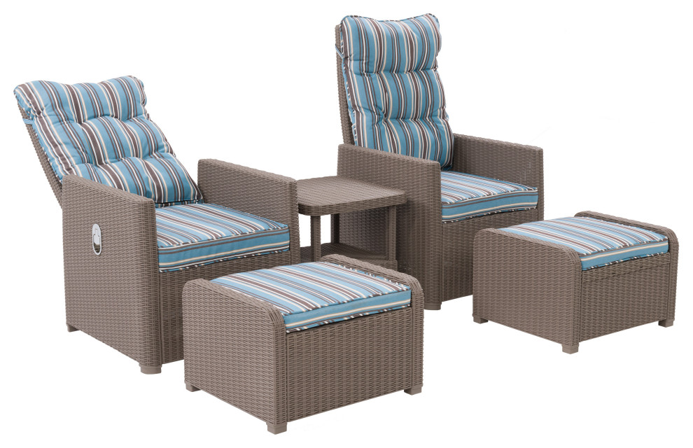 Lake Front Beige/Blue Striped Rattan Patio Recliner  Ottoman Set  5pc   Tropical   Outdoor Lounge Sets   by CorLiving Distribution LLC  Houzz