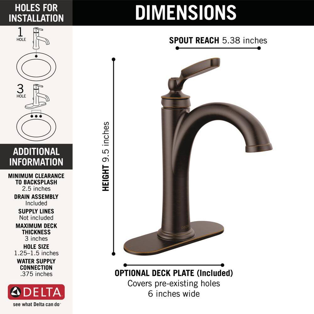 Delta Woodhurst Single Handle Single Hole Bathroom Faucet with Metal Drain Assembly in Venetian Bronze 532-RBMPU-DST