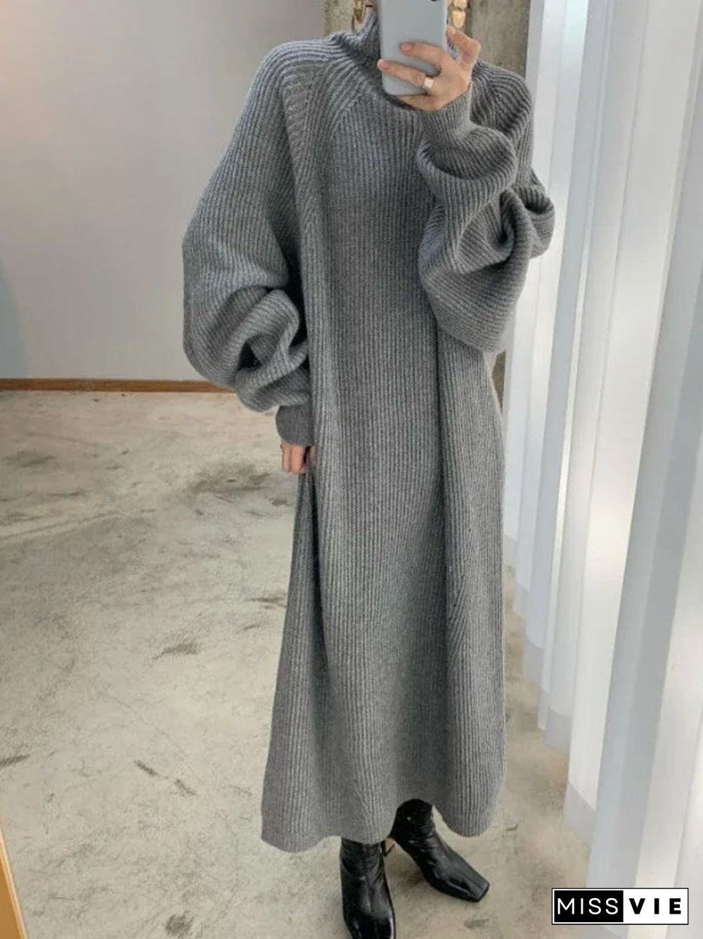 Plus Size Casual Turtleneck Long Sleeve Maxi Dresses