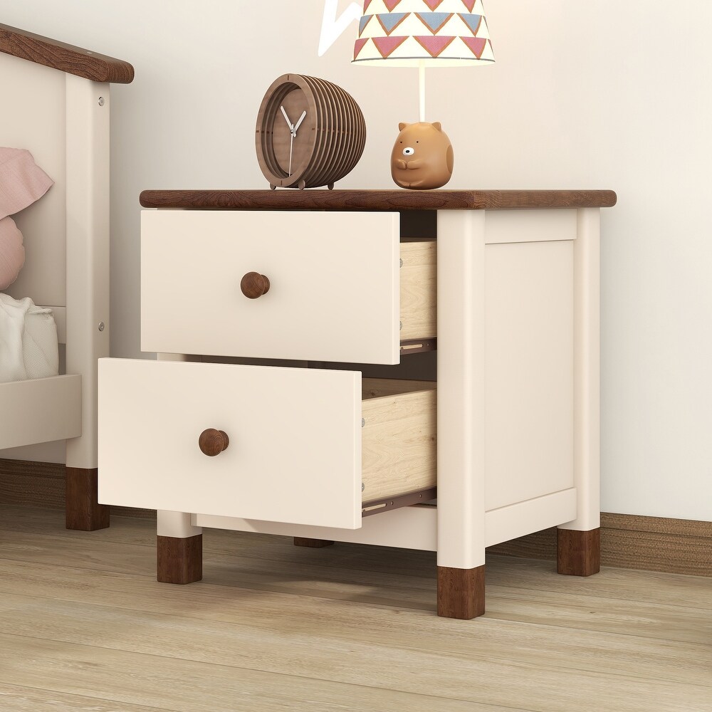 Wooden 2 Drawers Nightstand End Table with Rounded Top Panel and Legs