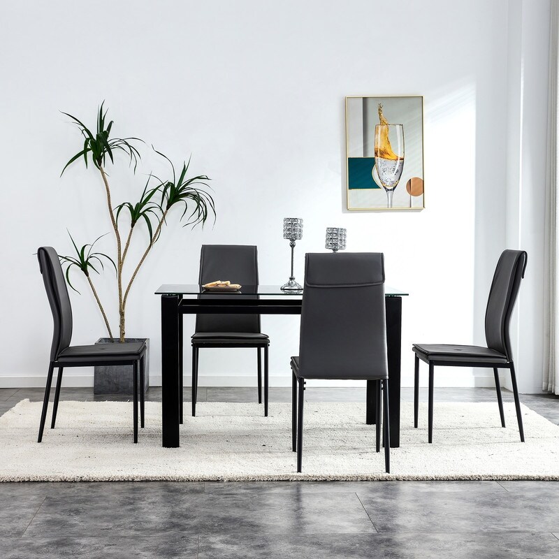 5 Piece Tempered Glass Dining Table Set for 4  Black