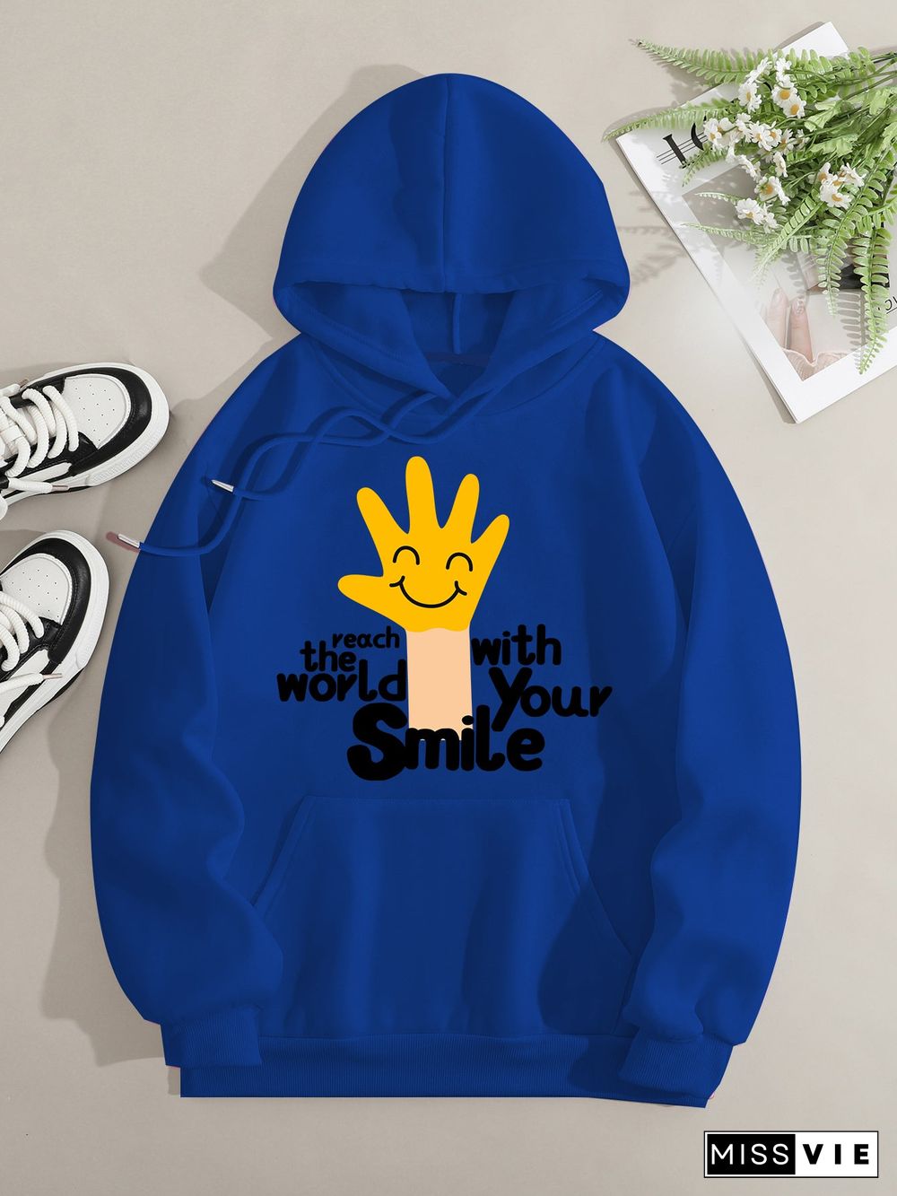 Printed on front Kangaroo Pocket Hoodie Long Sleeve for Women Pattern Touch the World with Your Smile