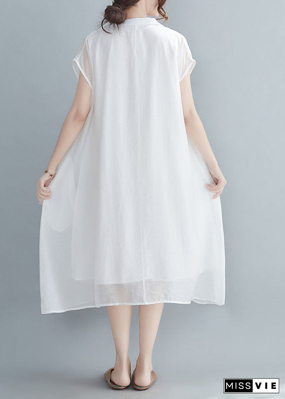 White Chiffon Long Dress Extra large hem Lace up Short Sleeve