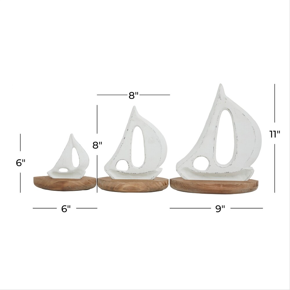 White or Blue Wood Sail Boat Sculpture with Wood Base (Set of 3)   S/3 11\
