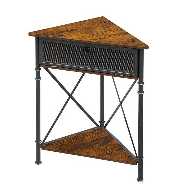 Set of 2 Industrial Triangle Side Table Corner Table with Storage Shelf， Rustic Brown