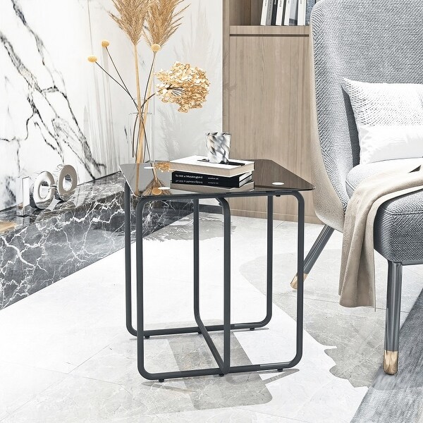 Modern Style Square Side Table with Glass Tabletop and Metal Legs