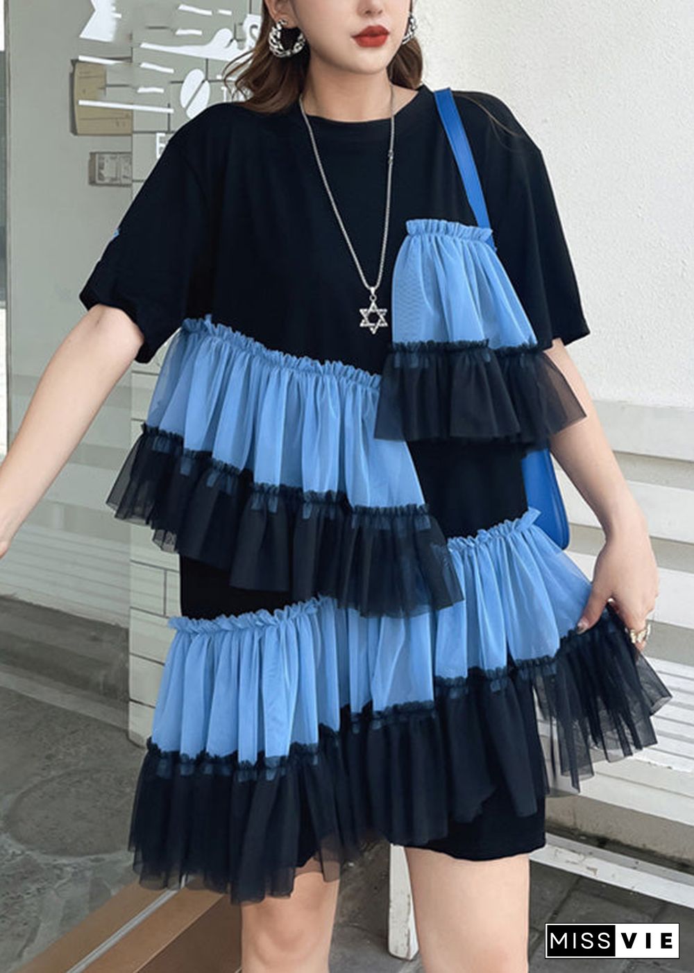 DIY Black O-Neck Wrinkled Tulle Patchwork Vacation Mid Dress Short Sleeve