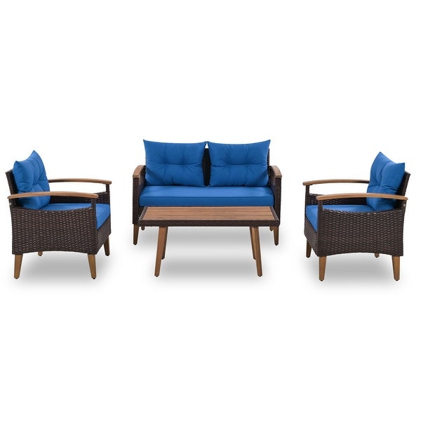 4-Piece Garden Furniture， Patio Conversation Sets， PE Rattan Outdoor Sofa Seating Set with Wood Table and Adjustable Legs Design - Overstock - 37853223