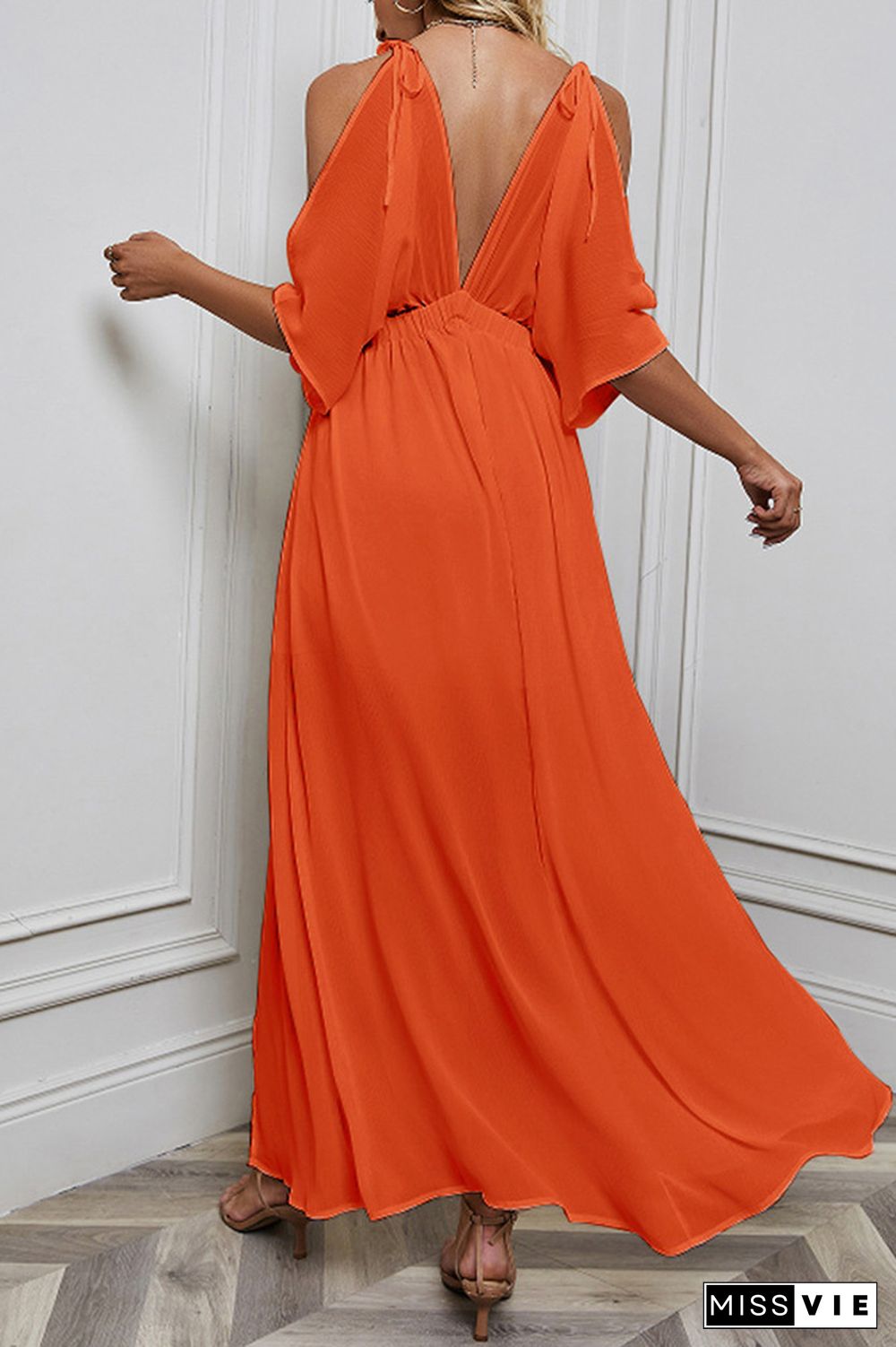 Cold Shoulder Deep V Neck Split Maxi Dress