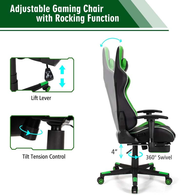 LED Massage Gaming Chair, Height Adjustable Racing Computer Office Chair with Footrest, Ergonomic High Back PU Swivel Game Chair