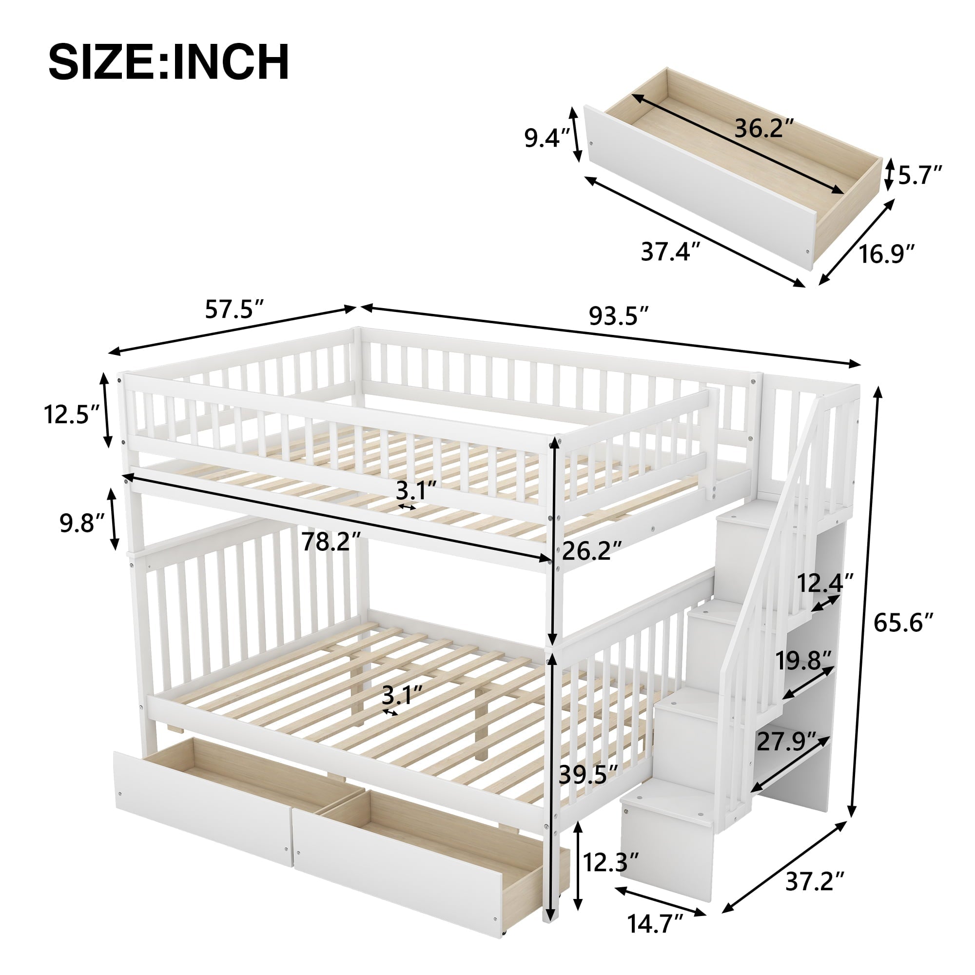 Euroco Full Over Full Bunk Bed with Storage Shelves and Drawers for Kid's Room