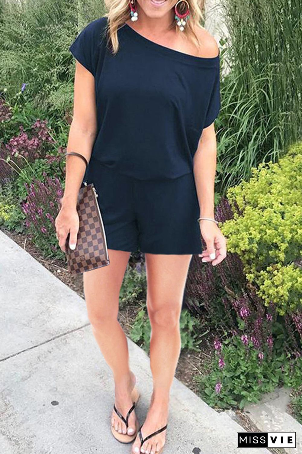 Skew Neck Solid Short Sleeve Romper