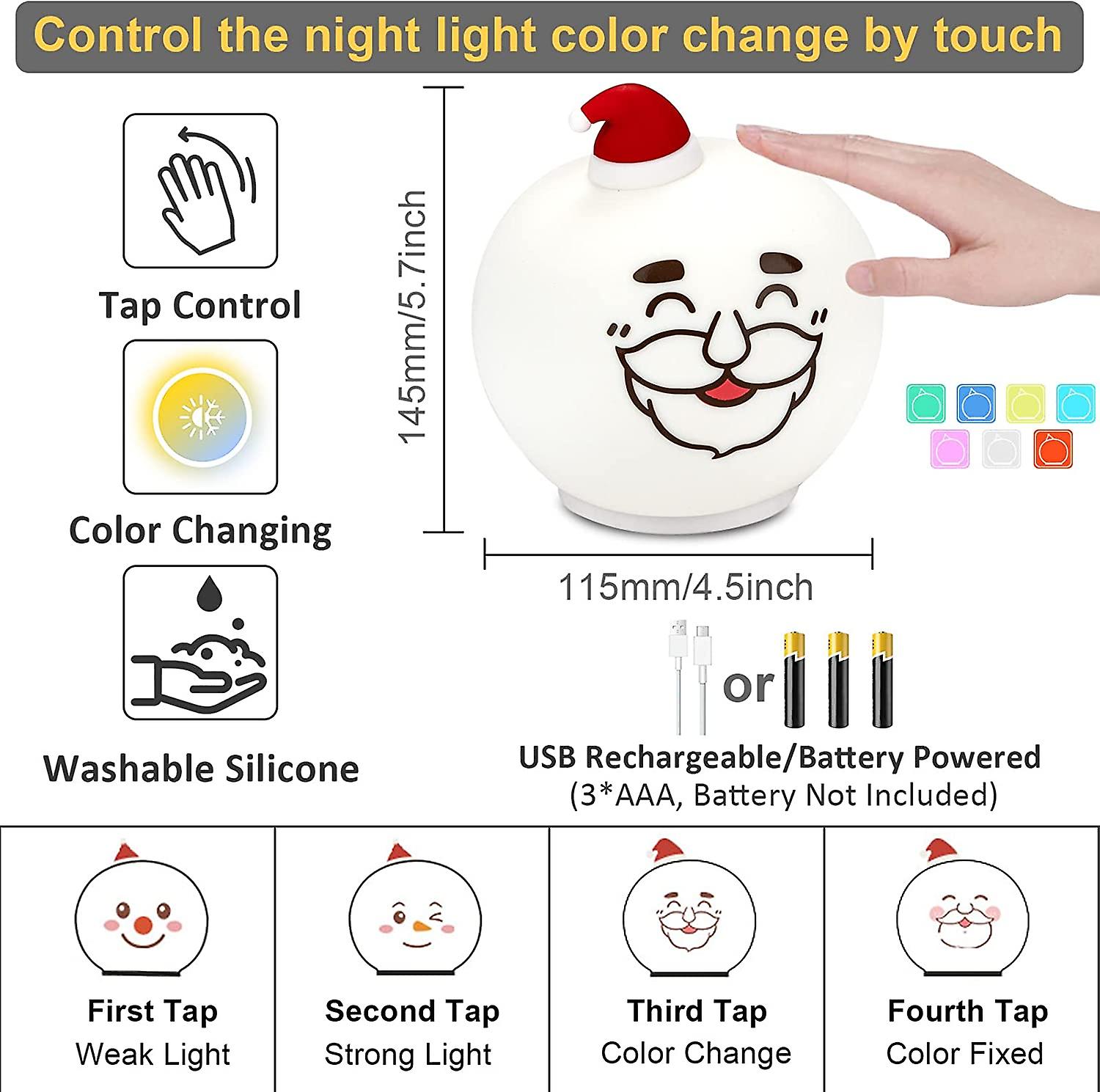 Liangnv Cute Night Light For Kids Christmas Lights 7 Color Changing Silicone Touch Baby Nursery Night Light Battery Powered Rechargeable Cute Lamp For