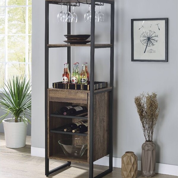 Wood Wine Rack with1 Drawer and 3 Shelves in Weathered Oak