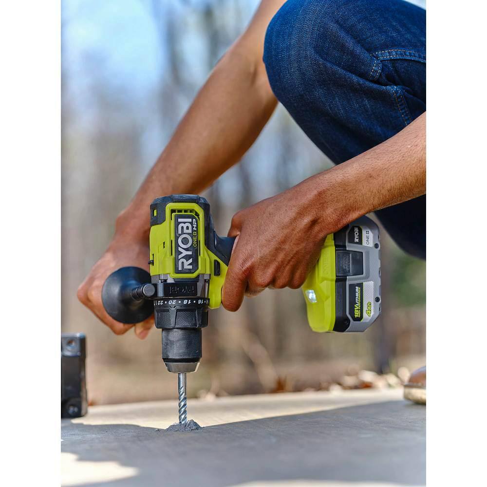 RYOBI ONE+ HP 18V Brushless Cordless 12 in. Hammer Drill w FREE 4.0 Ah HIGH PERFORMANCE Battery  Charger PBLHM101B-PSK014