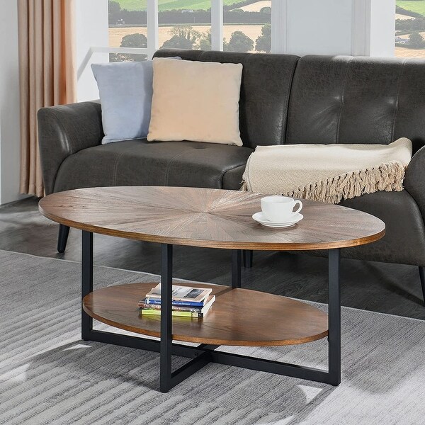 Solid Wood Oval Coffee Table with Cross Metal Legs