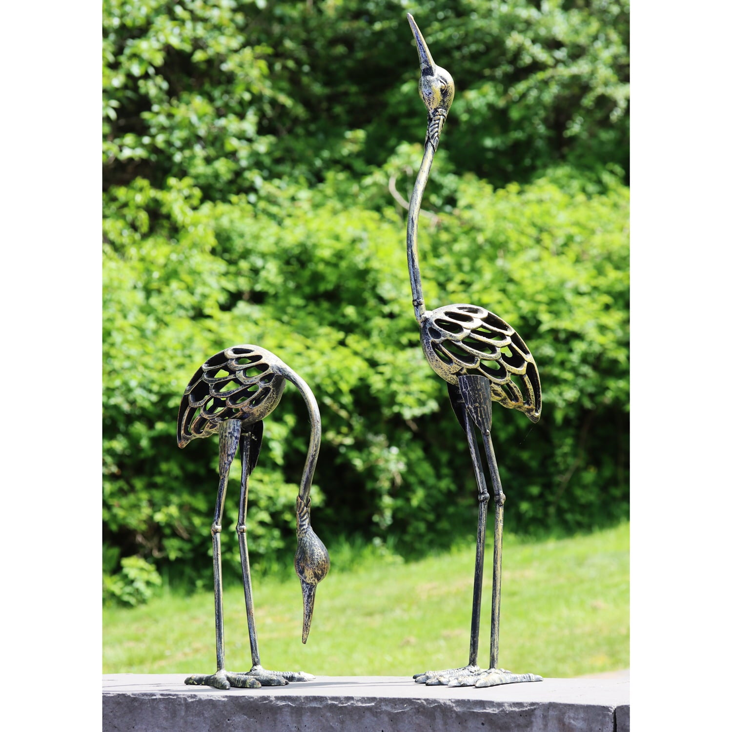 Cast Iron Garden Crane Bird Statues, Set of 2