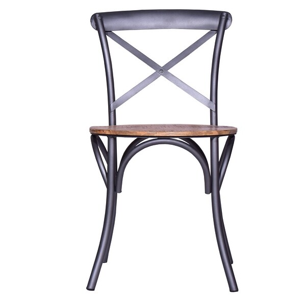 19 Inch Industrial Dining Accent Chair with Mango Wood Seat， Open X Iron Backrest， Metallic Gray， Brown