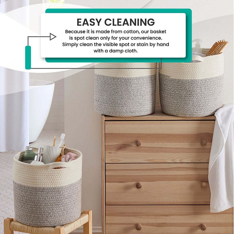 3 Pack Woven Cotton Rope Shelf Storage Basket with Handles