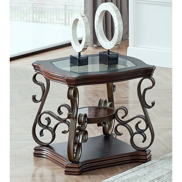 End table， Glass table top， MDF W/marble paper middle shelf， powder coat finish metal legs.