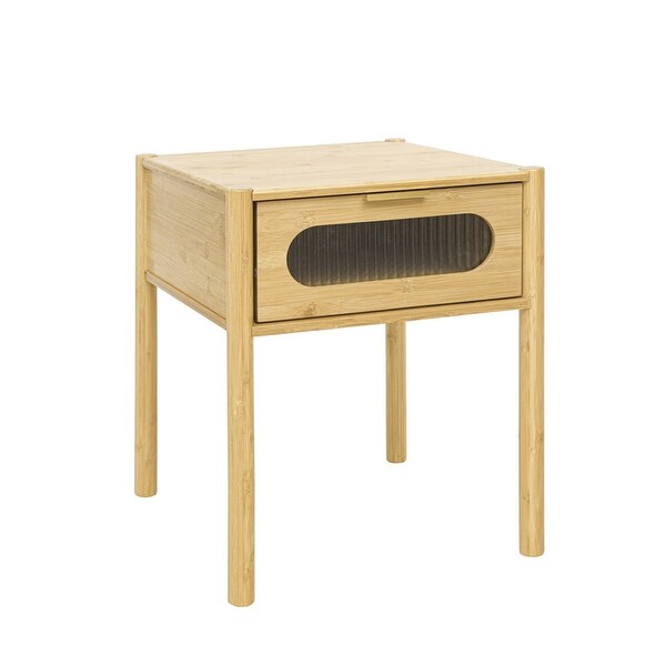 Natural bamboo nightstand， modern end table with 1 translucent drawer and metal handle - - 37987921