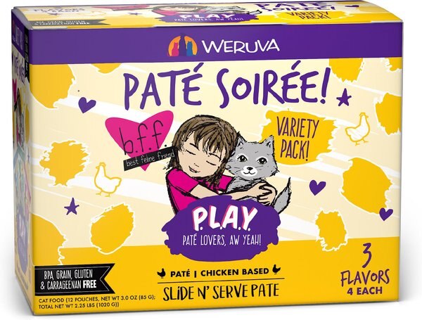 Weruva Best Feline Friend Paté Lovers， Aw Yeah! Paté Soiree! Variety Pack Grain-Free Wet Cat Food， 2.8-oz pouch， case of 12