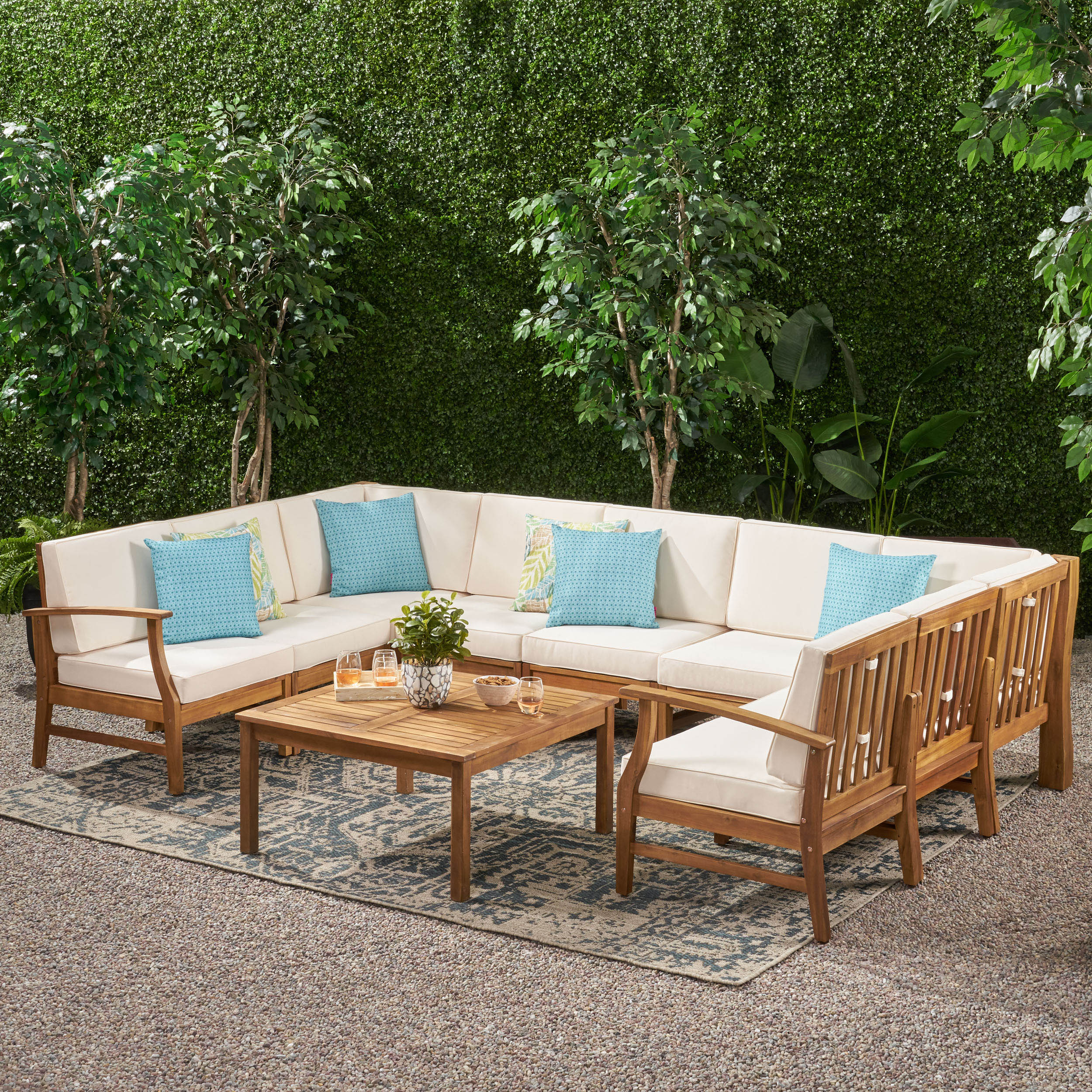 Judith Outdoor 9 Seater Acacia Wood Sectional Sofa Set with Cushions