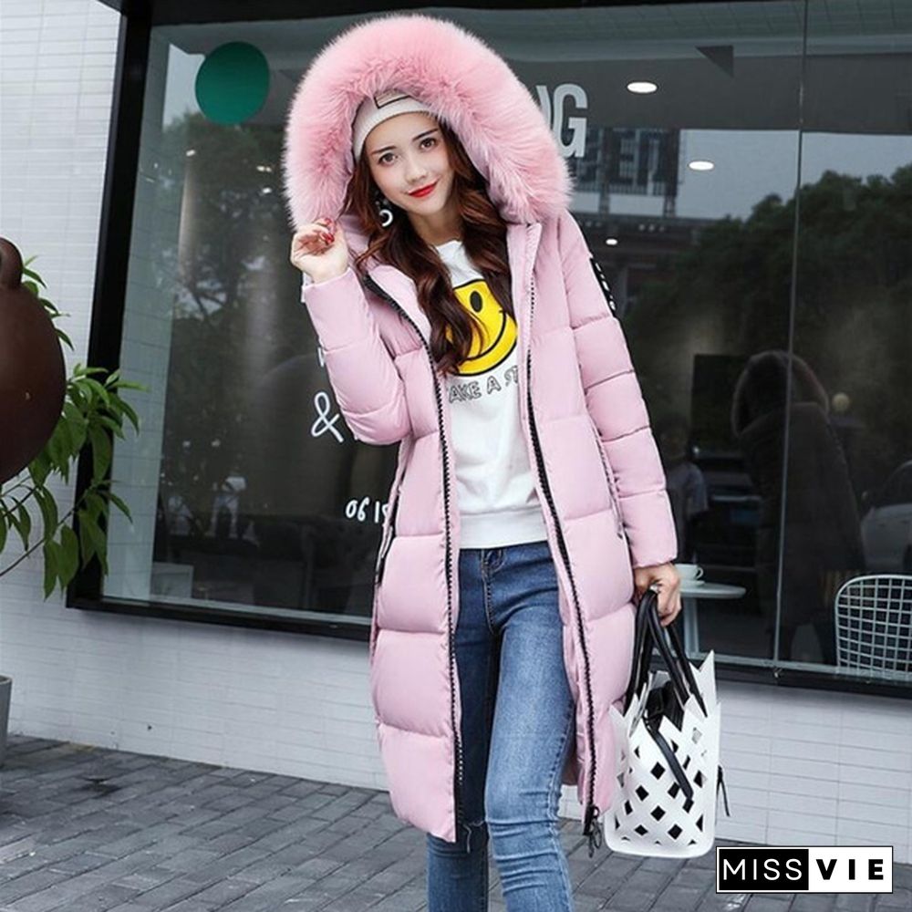 Winter New Woman Hooded Slim Large Fur Collar Long Ladies Cotton Coat Thick Coat Plus Size S-5XL