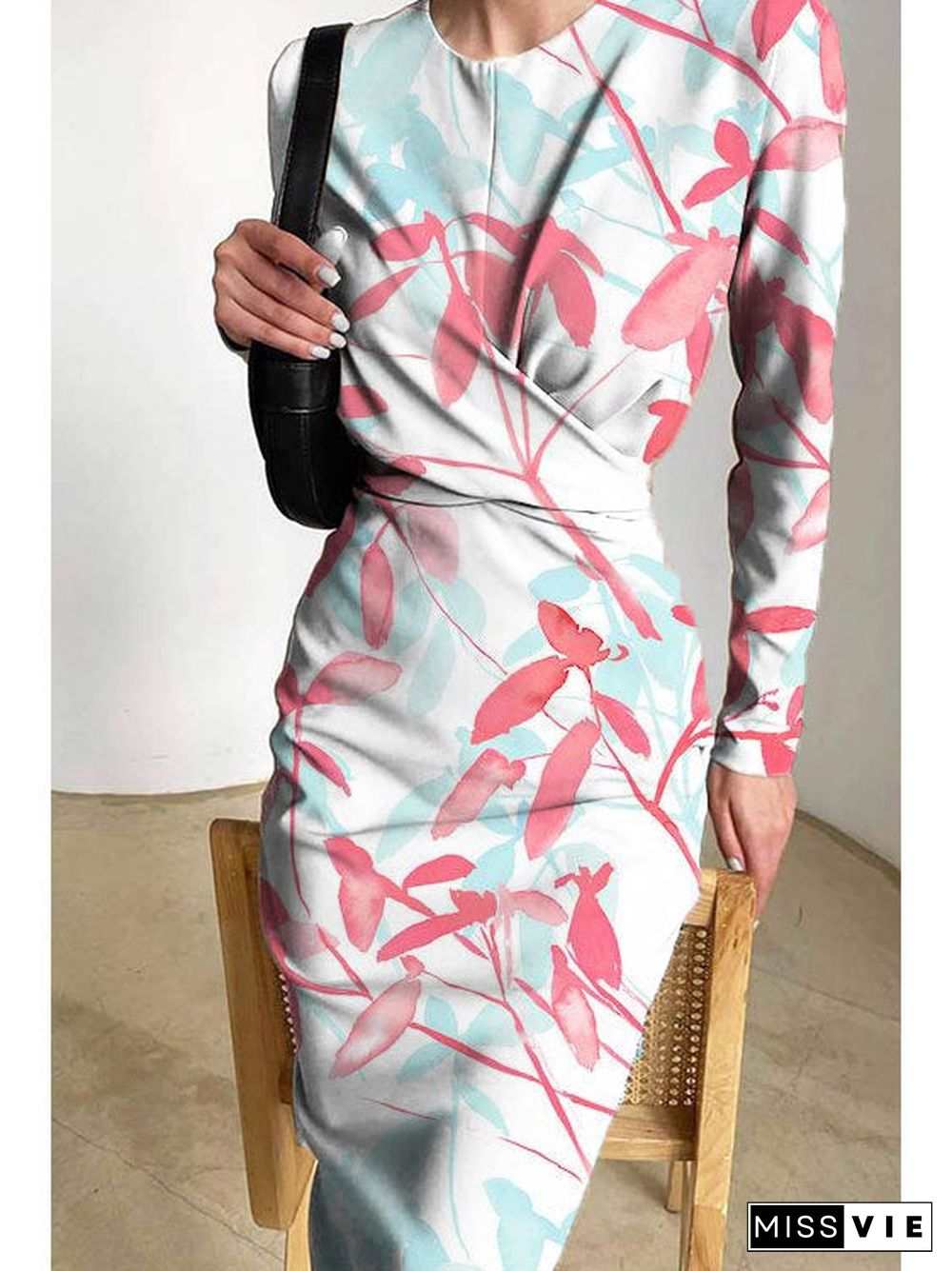 Printed Satin Pleats Elegant Slim Fit Crew Neck Maxi Dress