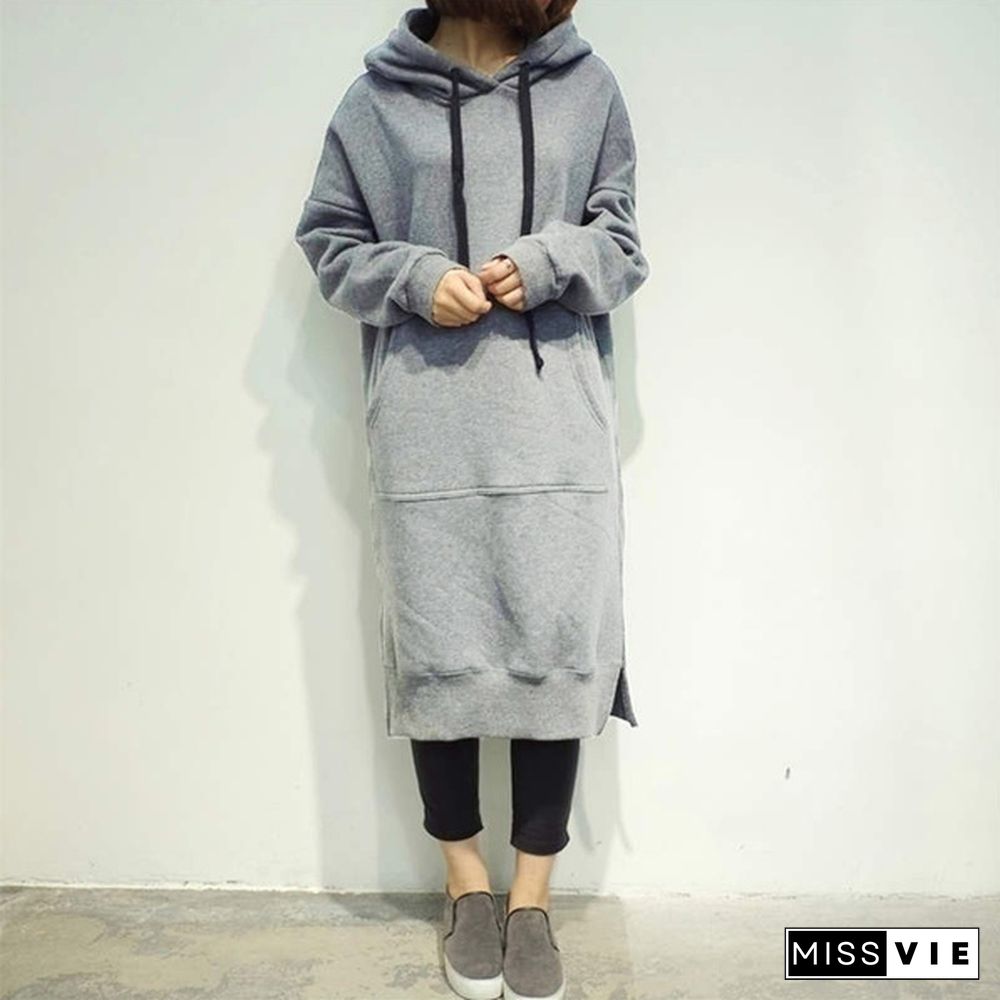 Women Autumn Winter Casual Long Hooded Pullovers Loose Fleece Long Oversized Hoodie Dress S-5XL