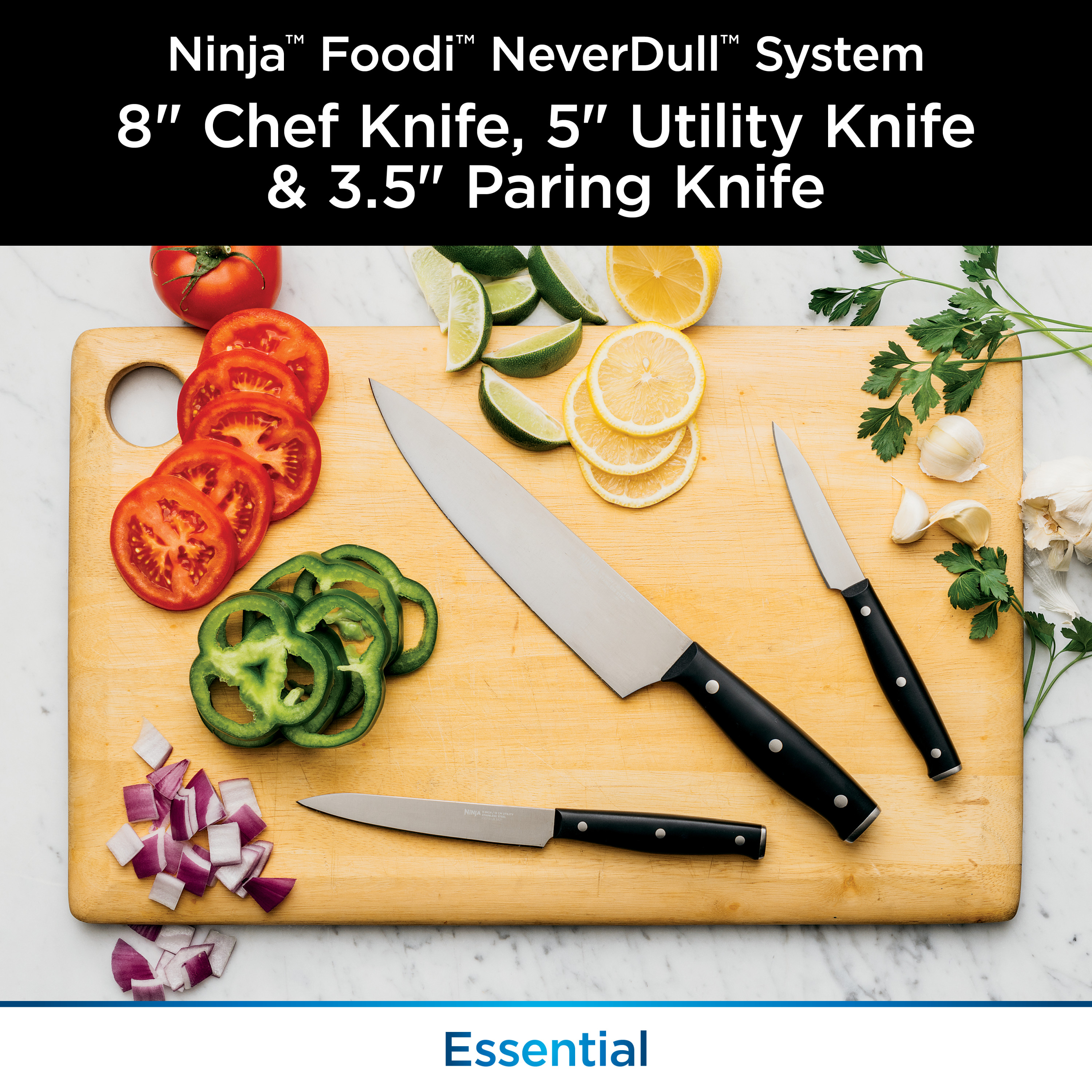 Ninja Foodi Never Dull Essential 3-Piece Set with Chef， Utility and Paring Knives， K12003