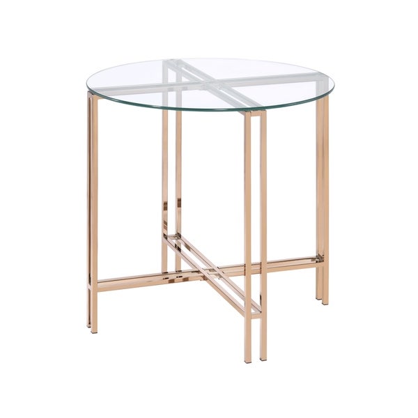 End Table with X Shaped Metal Base and Round Glass Top， Gold