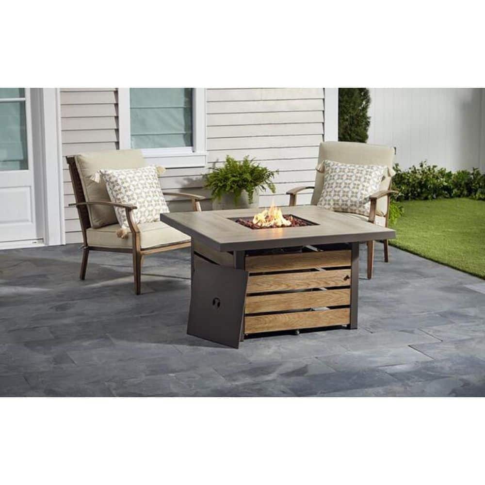 Hampton Bay Summerfield 44 in. x 24.5 in. Square Steel Gas Fire Pit with Wood-Look Tile Top 2102FP