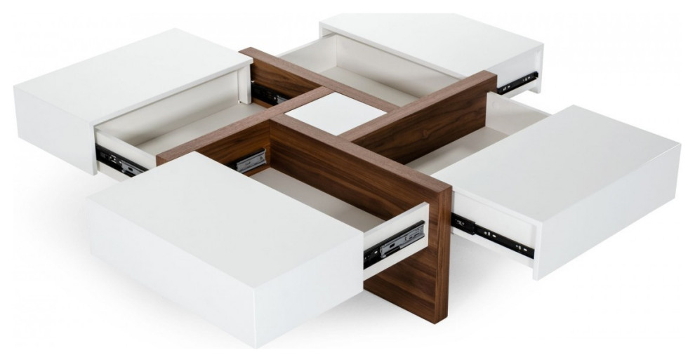 Modern White and Walnut Square Coffee Table with Storage   Transitional   Coffee Tables   by HomeRoots  Houzz