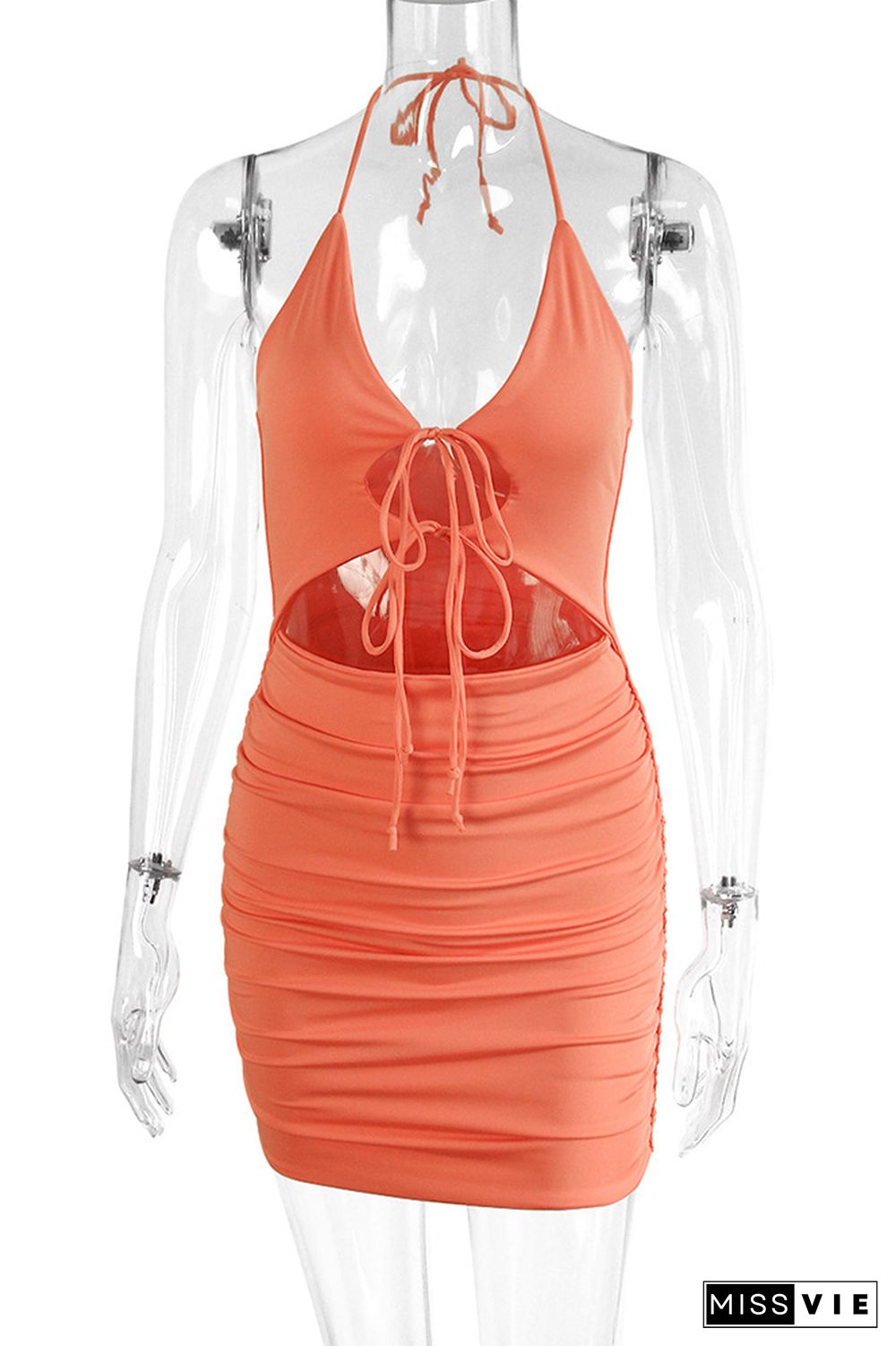 Orange Hollow Out Ruched Halter Bodycon Dress