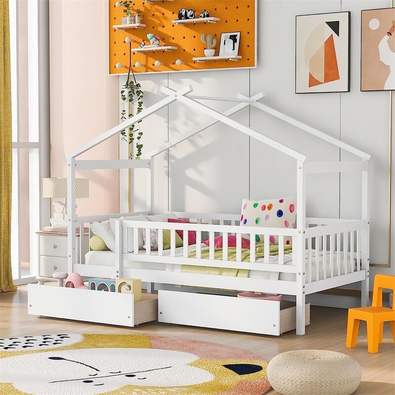 Twin House Bed with 2 Storage Drawers Rails and Roof for Kids