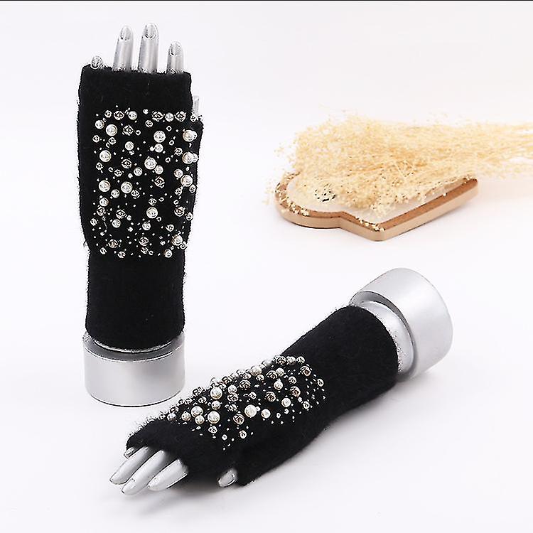 Winter Chic Beads Knitted Gloves Driving Writing Typing Short Fingerless Mitten2setmulti-color