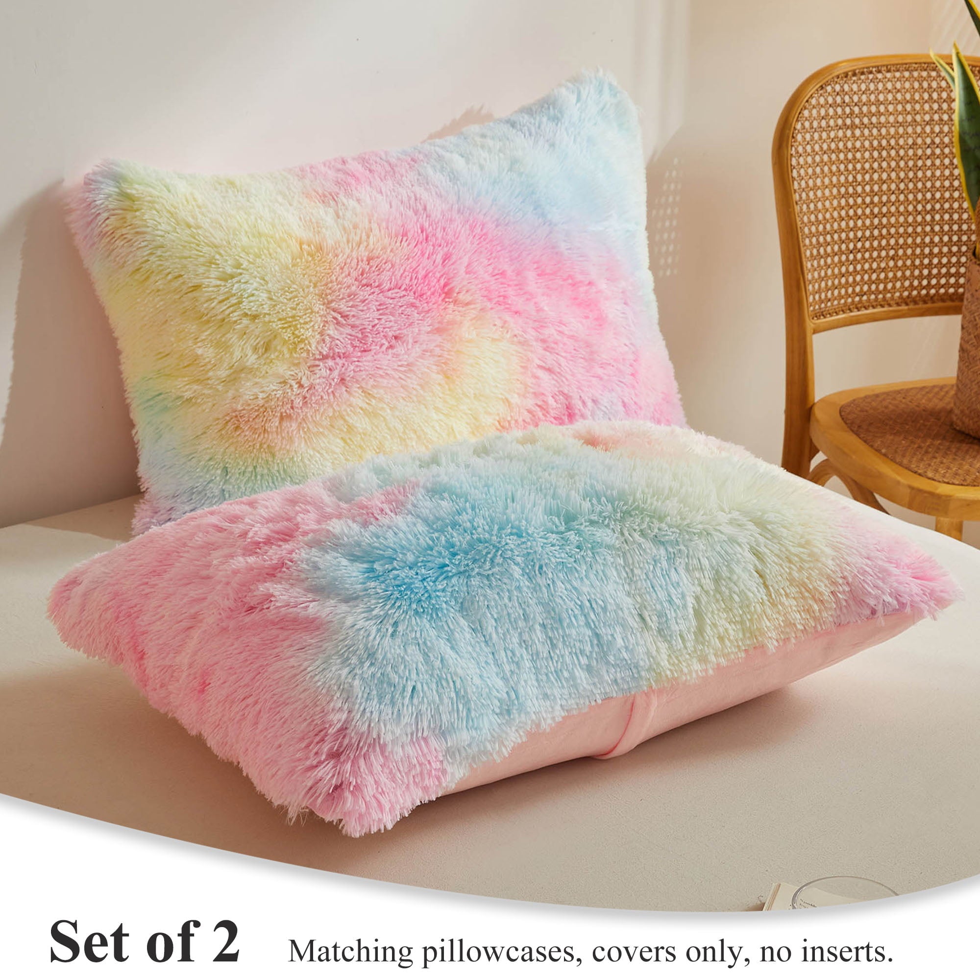 XeGe Tie Dye Plush Shaggy Duvet Cover Set， 3 Pieces Soft Velvet Fluffy Furry Bedding Set Rainbow Print(1 Multicolor Faux Fur Fuzzy Comforter Cover + 2 Pillowcases)， Zipper Closure(King Size， Rainbow)