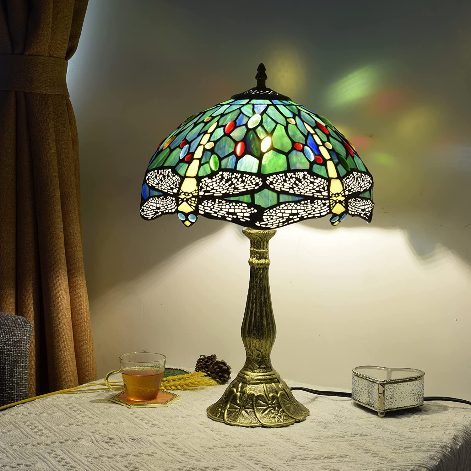 SHADY  Lamp Stained Glass Lamp Dragonfly Green Bedroom Table Lamp Reading Desk Light for Bedside Living Room Office Dormitory Dining Room Decorate  12x12x18 Include Light Bulb