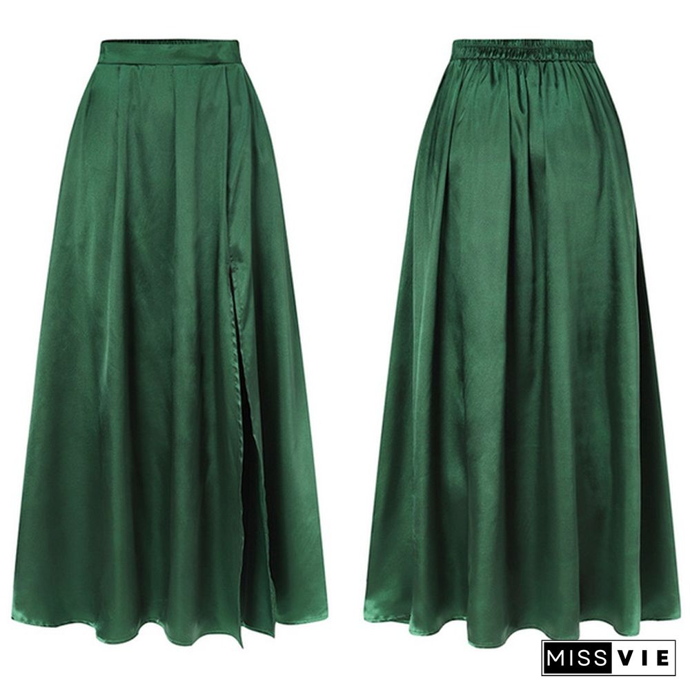 Women Elastic High Waist Split Hem Long Skirt Stain Solid Color Pleated Loose Party Beach Umbrella Skirt Plus Size