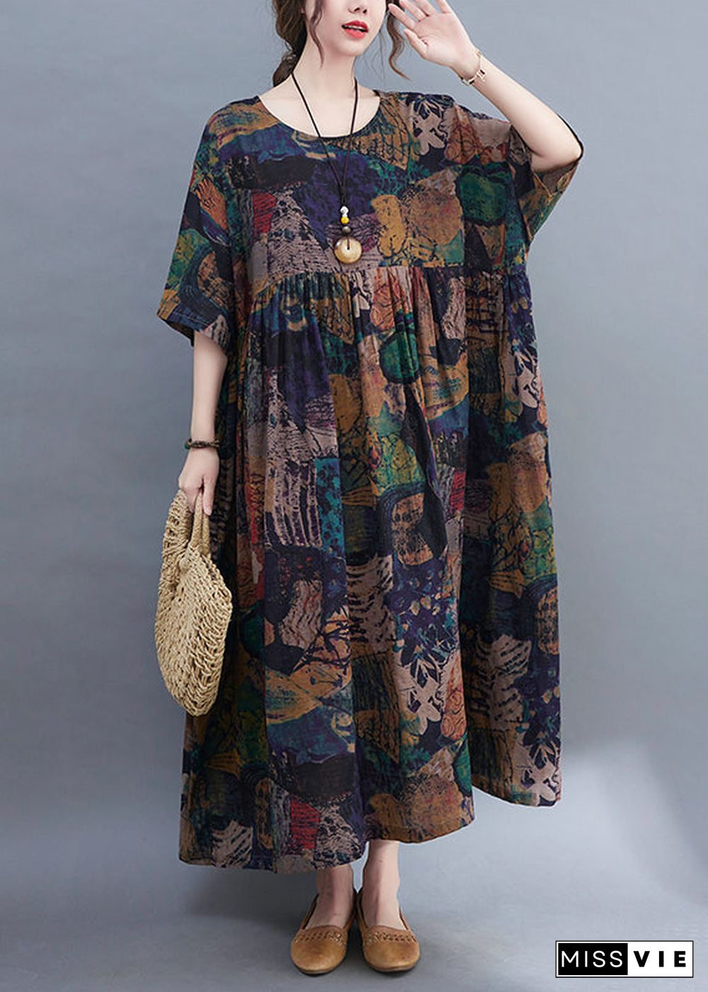 Original Design O-Neck wrinkled Print Loose Long Dress Short Sleeve