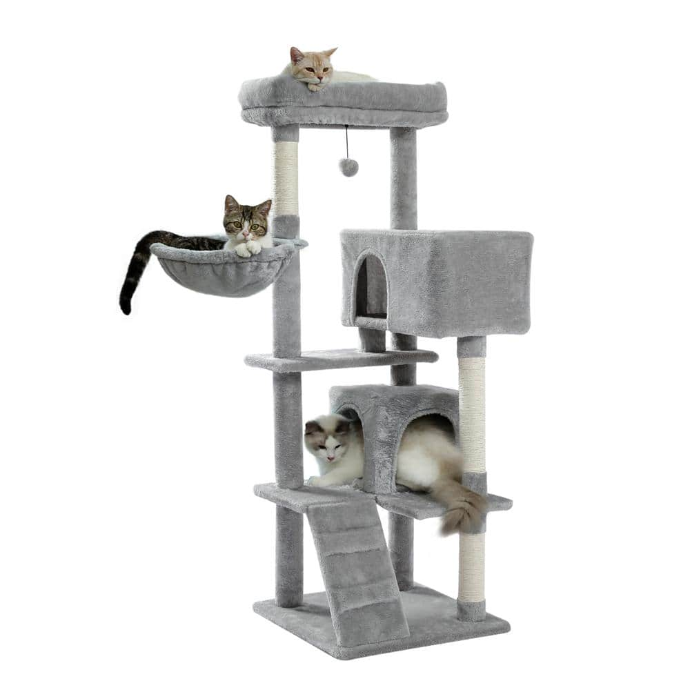 Foobrues 56.30 in. H Pet Cat Scratching Posts and Trees with Super Large Perch Double Condo Hammock in Gray LNN-P23168229